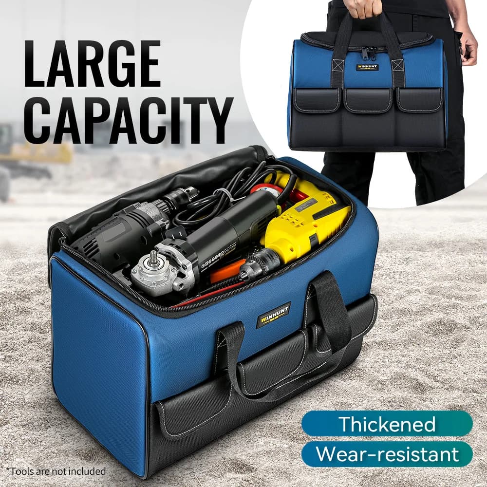 Wide mouth-resistant tool bag with pockets, organizer for storing and transporting men's tools