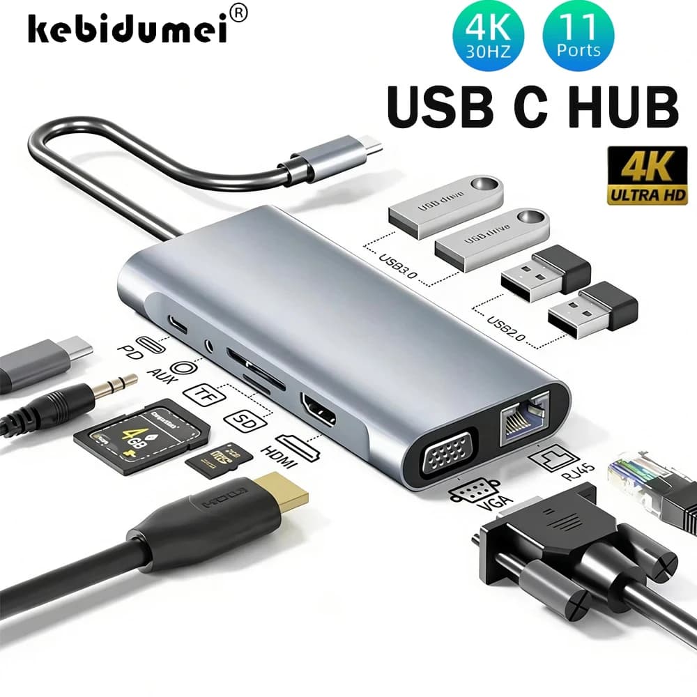 KEBIDUMEI Hub USB C a 11 Porte, Docking Station con Adattatore RJ45 a HDMI-Compatibile 4K, VGA, Lettore Schede SD/TF, AUX 3.5MM, 11-in-1 per PC e Laptop