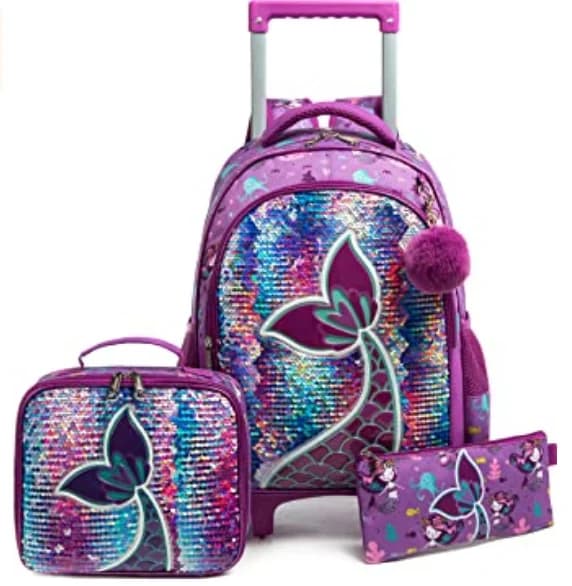 Trolley da scuola per bambini Borsa per il pranzo da 16 pollici Set da 3 pezzi Zaino con ruote Zaino con ruote Unicorno per zaini per ragazze con ruote