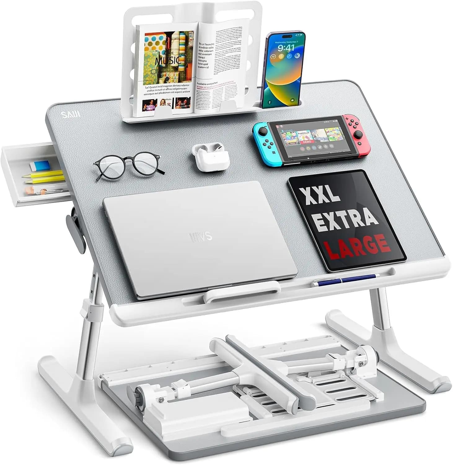 Scrivania Regolabile per Laptop 60x45cm, Altezza e Angolazione Regolabili, con Cassetto e Supporto per Libri, per Letto/Divano, per Mangiare/Lavorare/Giocare