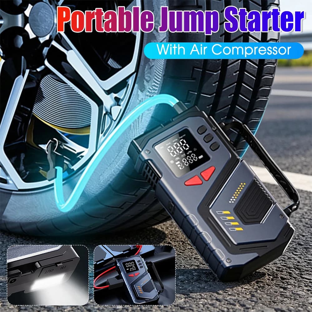 Emergency Jump Starter With Air Compressor 10 In 1 Car Tire Air Pump with LED Lights & Pressure Gauge Portable Jump Starter