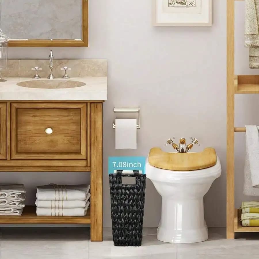 Black Handwoven Wicker Trash Can For Bathroom Kitchen Office Narrow Waste Basket 6 Gallon