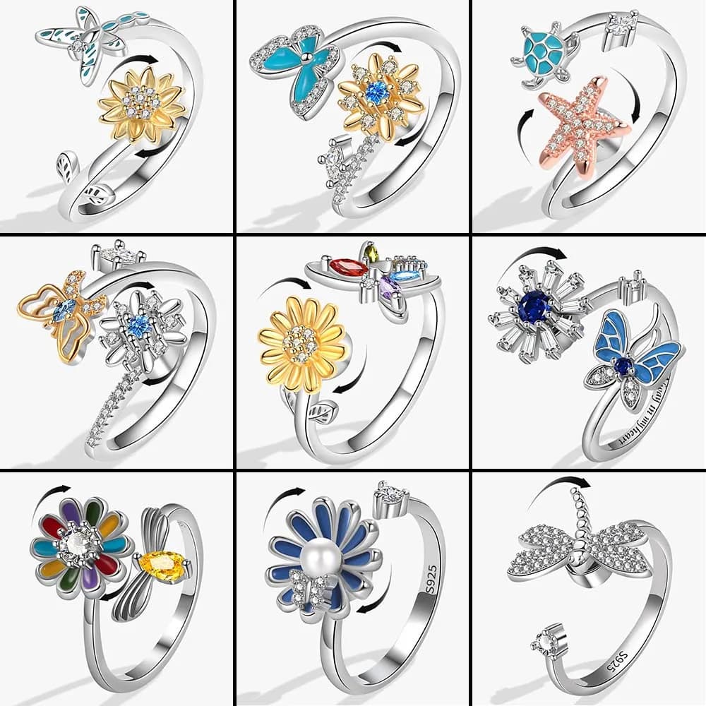 Farfalla Fiore di Cristallo Ansia Relife Spinning Anelli da Donna 2024 Tendenza Animale Sveglio Libellula Anello Rotante Fidget Spinner