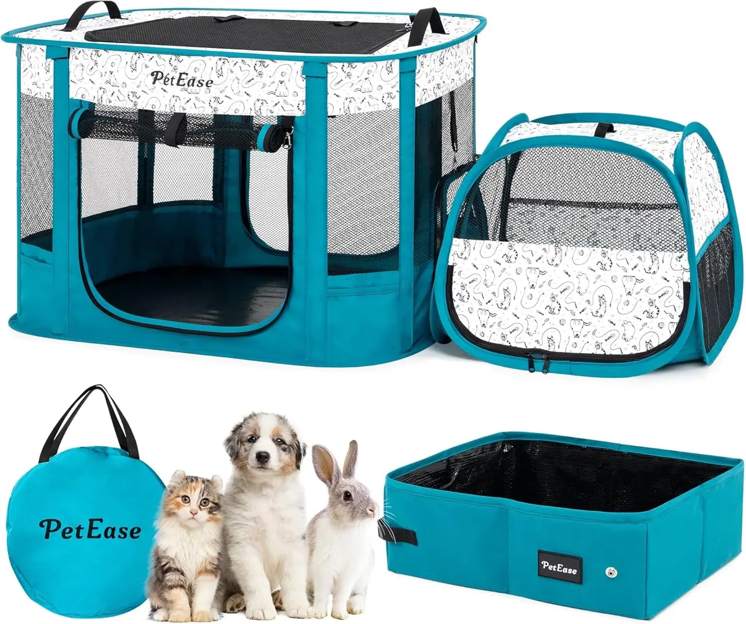 Recinto Portatile per Gatti con Lettiera, Tenda Pieghevole per Animali Domestici da Interno ed Esterno per Gatti, Conigli, Cuccioli (Blu Pavone)