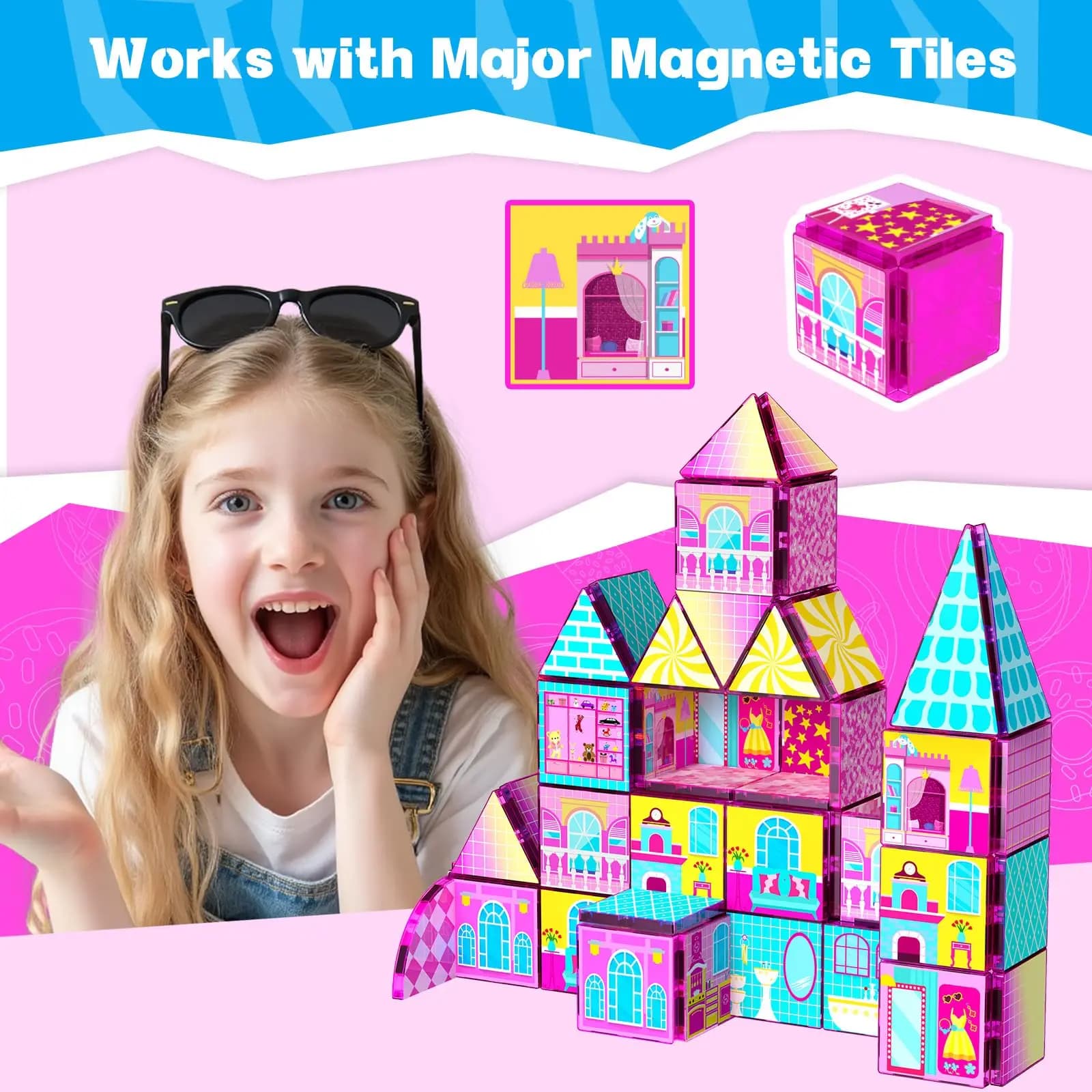 Magnetic Stability Dollhouse Tiles 48PCS, Pink Creative Play Set, Educational Construction Toy for Preschoolers & Toddlers