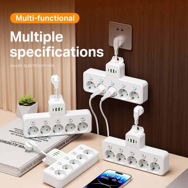 Multipresa 4/5 vie con prese multicontatto EU e 2 porte USB, presa elettrica multipla con interruttore per la casa