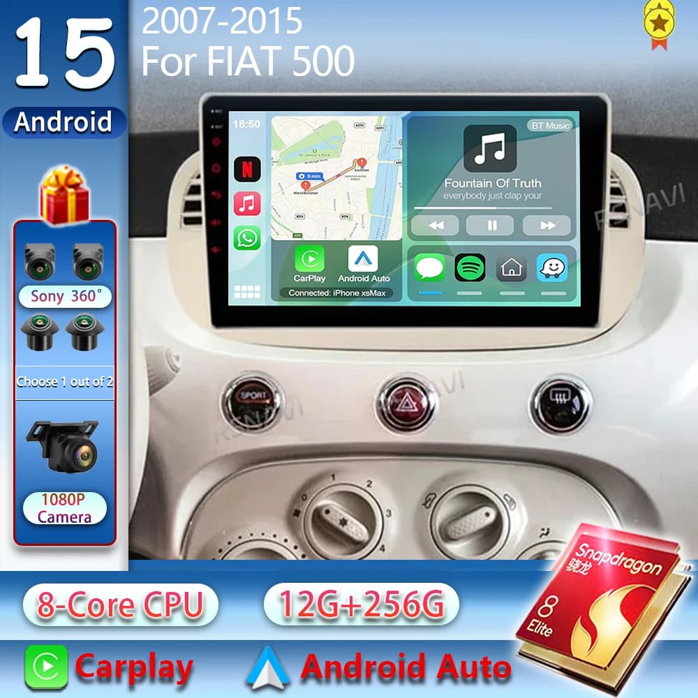 Android 15 For FIAT 500 2007 - 2015 2K QLED Android Car Radio Multimedia Video Player GPS Stereo CarPlay 4G Head Unit