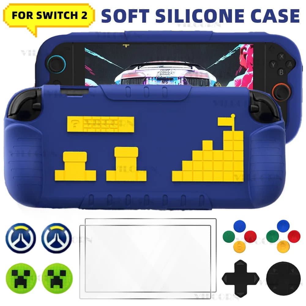 Protective Accessories Set for Switch 2 Silicone Case Tempered Glass Screen Protector Button Caps Anti Scratch Cover Kit