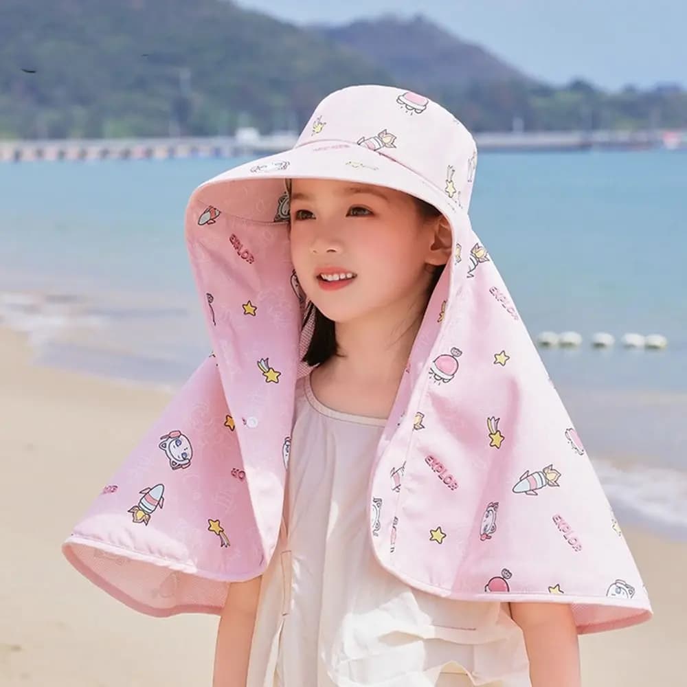 Cappello da pescatore per bambini a tesa larga alla moda Scialle da cartone animato Cappello per protezione solare per bambini Copri collo Berretto da pescatore Berretto da spiaggia per bambini Visiera parasole