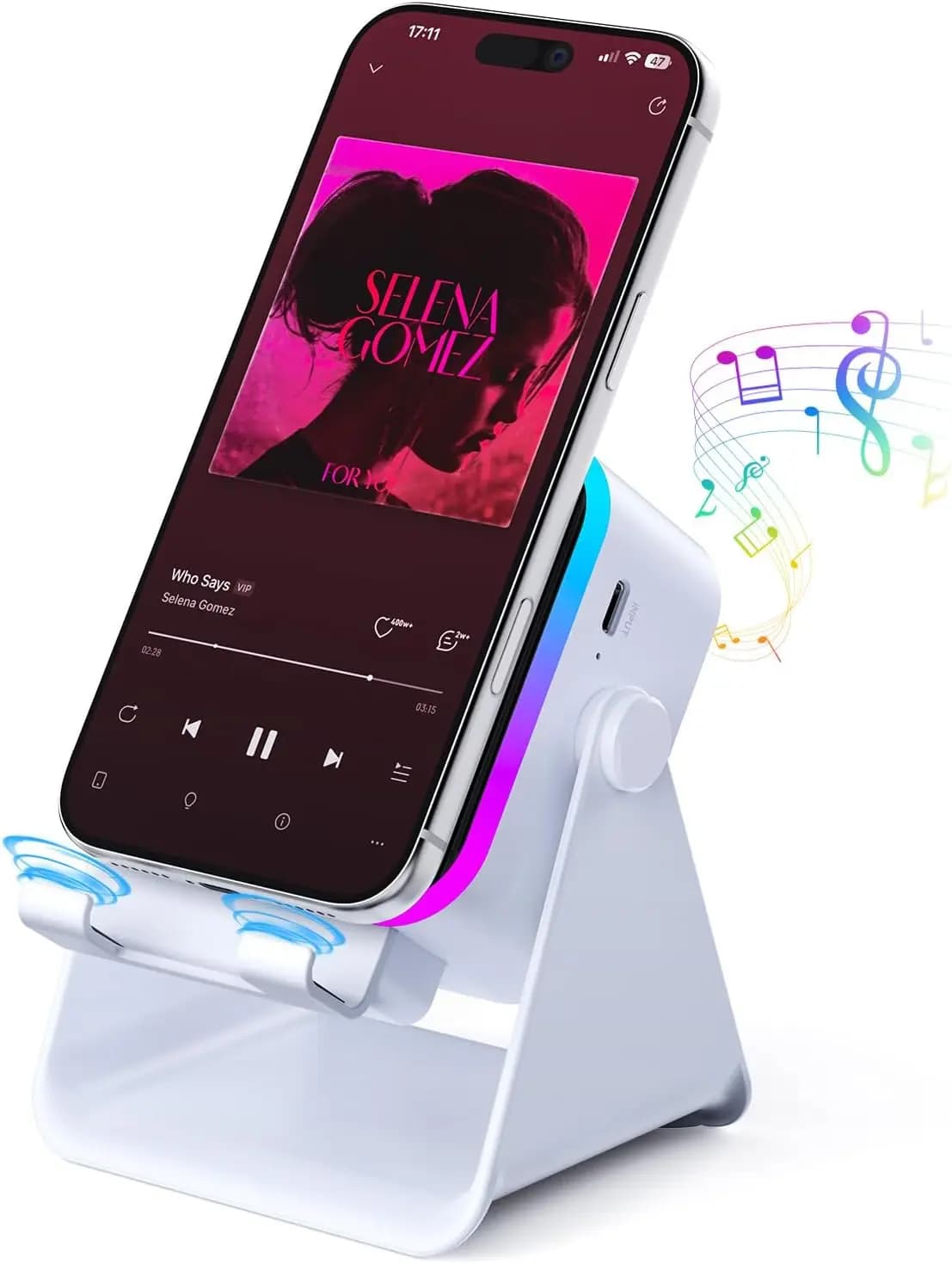 Wireless Bluetooth Induction Speaker, Phone Speaker Amplifier with Colorful Lights & 3500mAh Battery, Portable Phone Stand Compatible with iPhone/iPad/Android/Samsung - White
