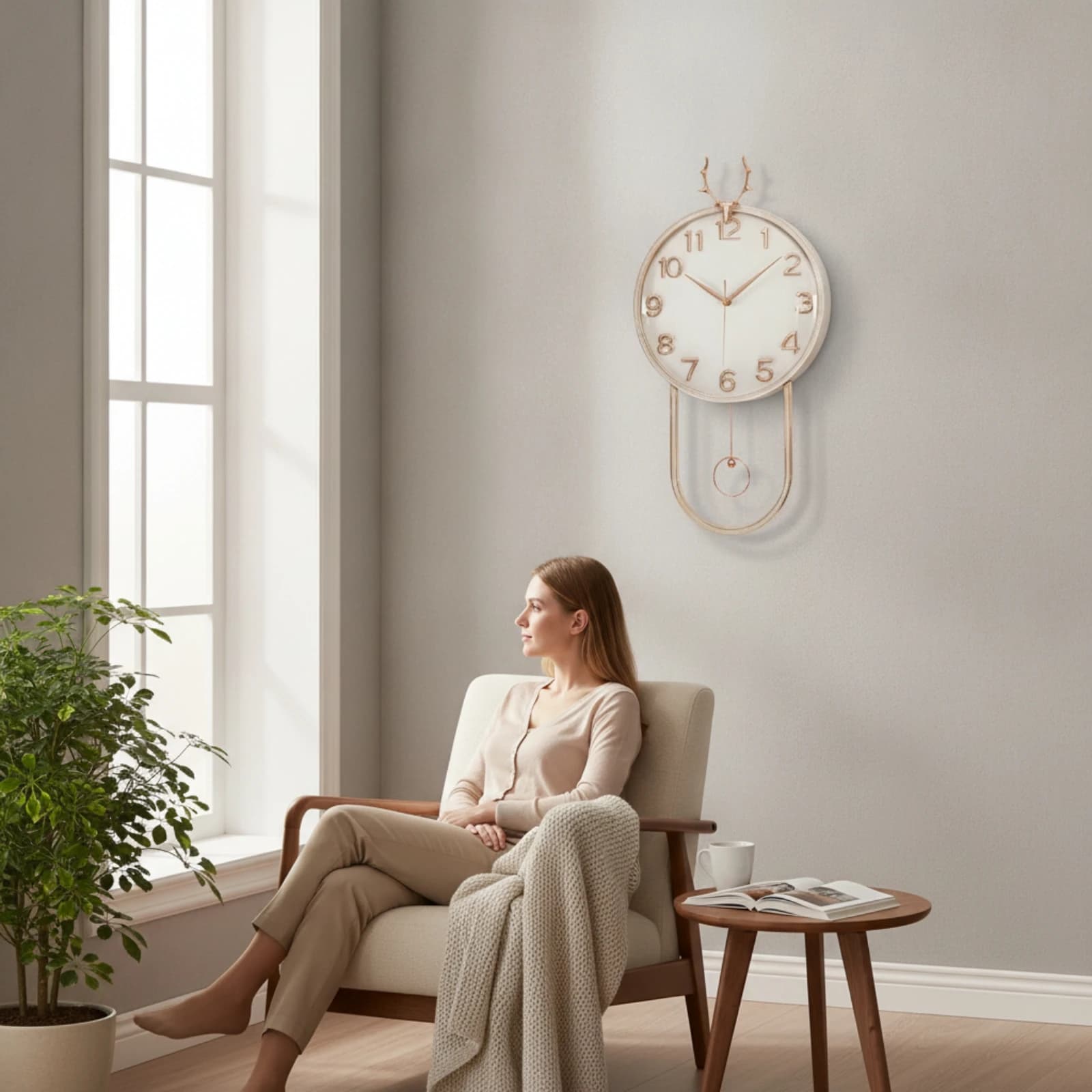 Wall Clock with Pendulum Modern Wall Clock with Digital Display Rose-Gold Easy to Read for Living Room, Entryway