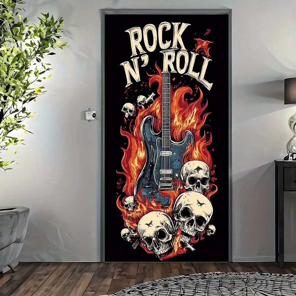 2D curtain banner, 1 piece of rock guitar flame skull design polyester fiber curtainDJH