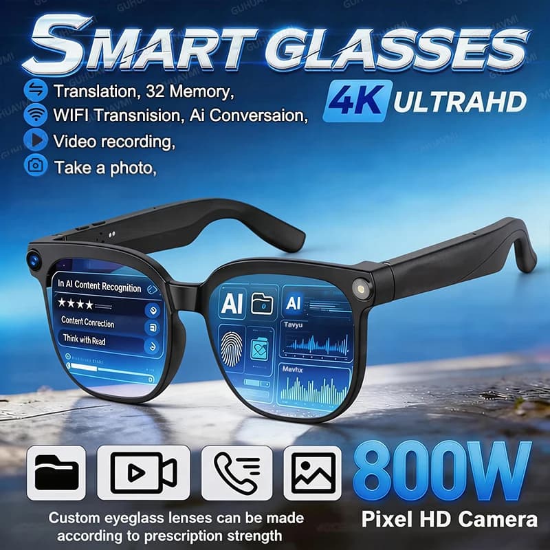 Nuovi Occhiali Smart AI 4K HD 2026 con Chat GPT, Fotocamera da 800MP, Registrazione, Trasmissione WIFI, Chiamate Bluetooth e Assistente Vocale - Occhiali da Sole Intelligenti