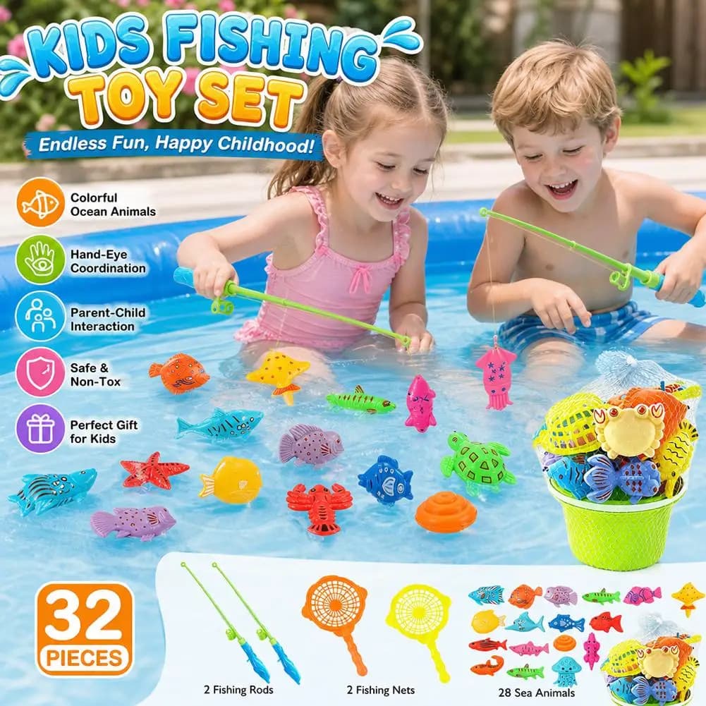 Magnetic Fishing Game Pool Toys Kids 3 4 5 6 7 8 Year Old Water Table Bathtub Kiddie Party Floating Fish Net Rod Toddler Gift