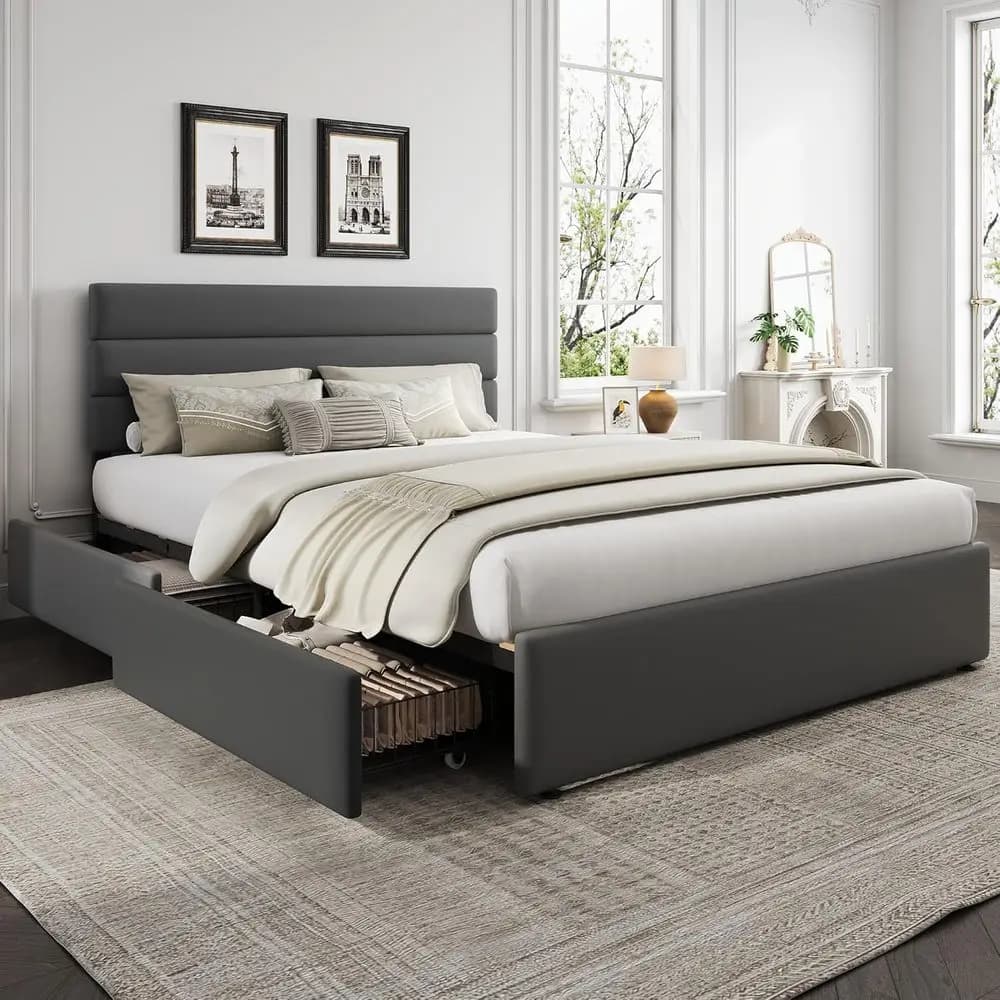 Queen Size Velvet Platform Bed with 4 Storage Drawers, Metal & Wooden Slat Support, No Box Spring Needed, Easy Assembly, Grey
