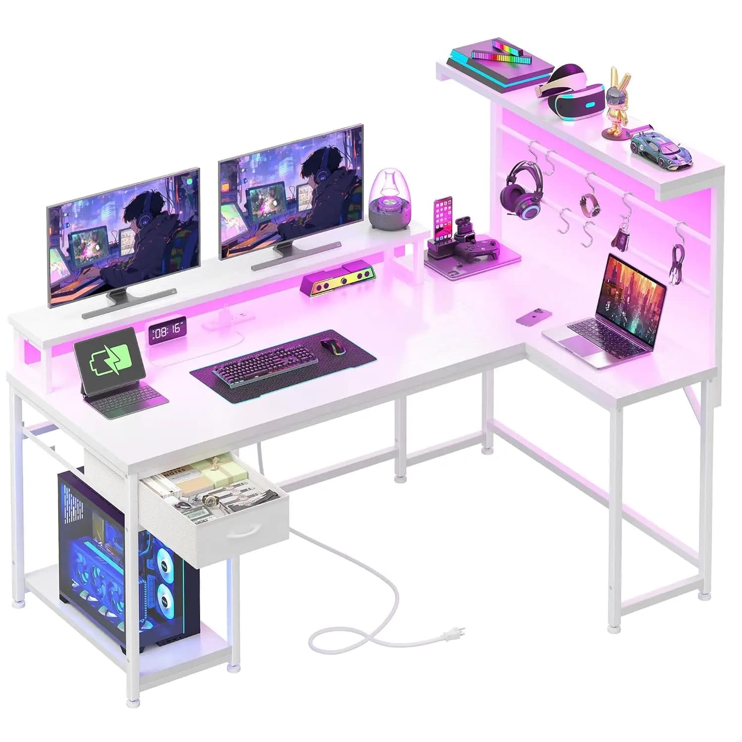 Scrivania da gaming a forma di L da 53 pollici con luci LED e prese di corrente, scrivania angolare reversibile con supporto per monitor, computer, personalizzabile
