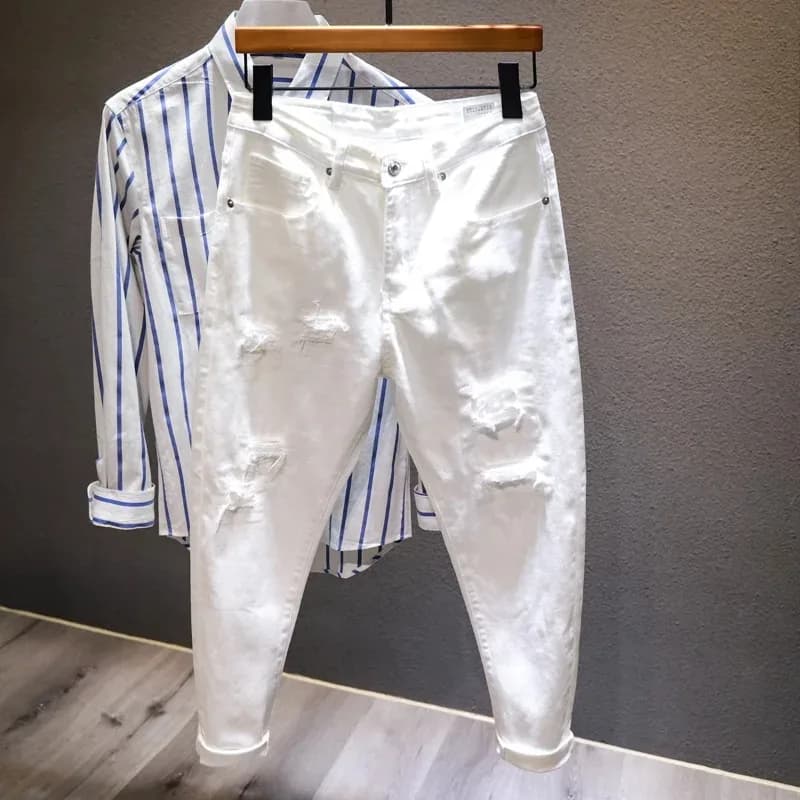 Nuovi Jeans bianchi da uomo All-match Fashion Ripped Hole Slim Stretch Harem Pants comodi pantaloni in Denim Streetwear maschili