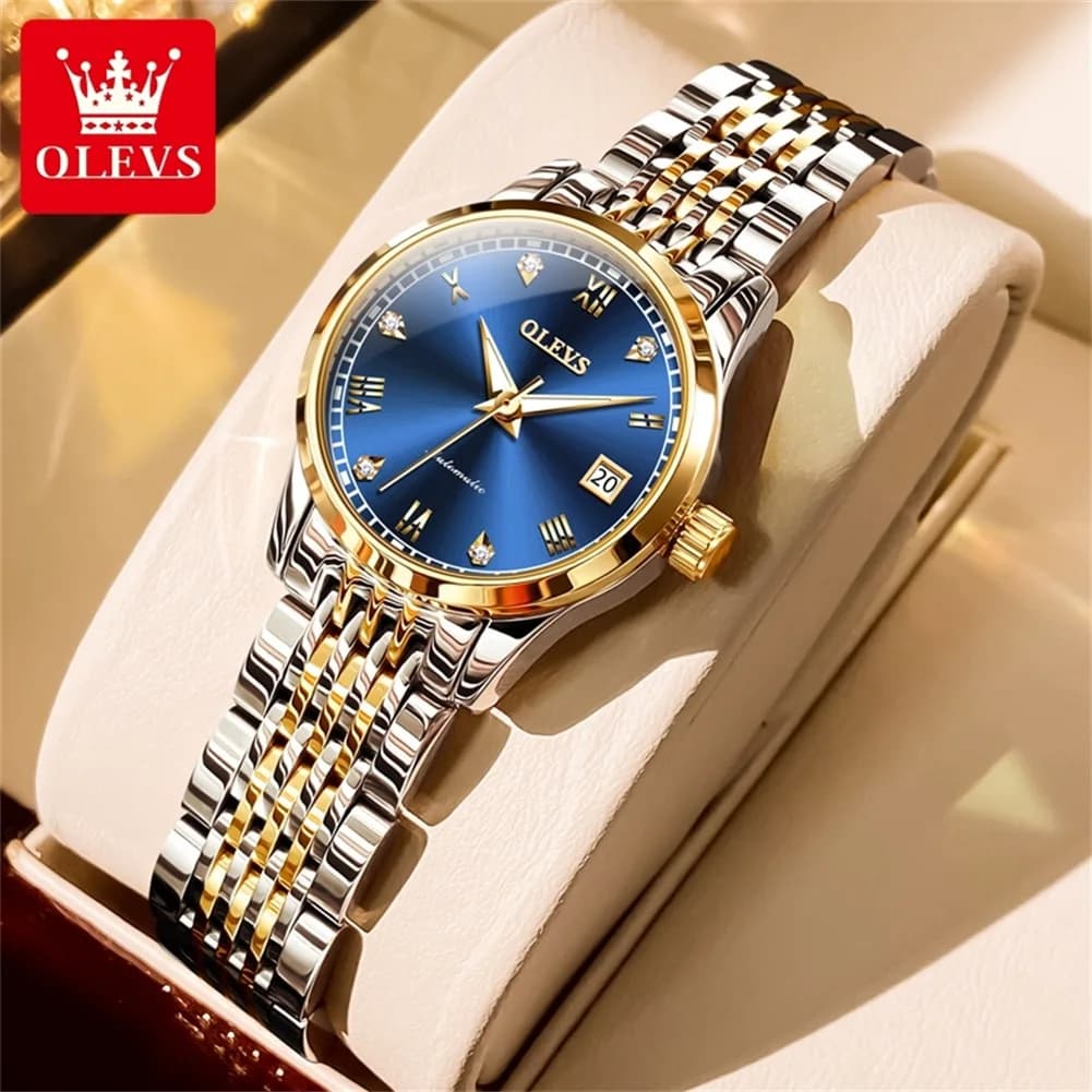 OLEVS 6602 Women Watch Luxury Movement Automatic Mechanical Watch Diamond Dual Calendar Waterproof Top Brand Women Watch