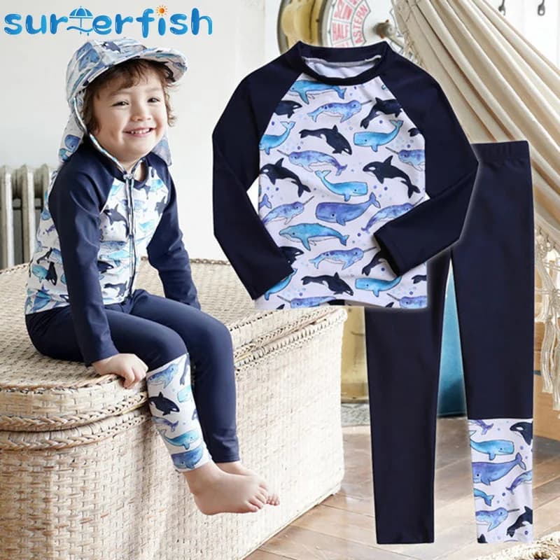 2pc Boys Dophins Swimwear Two-piece swimsuits Children's swimsuits Swimwear Beach cap Kids swimsuit Cartoon Split Rash Guard Swimwear