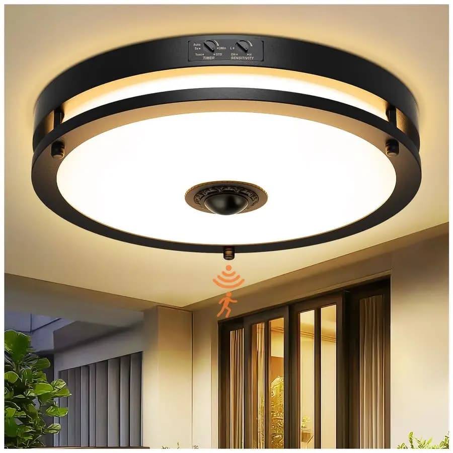 Plafoniera LED da Esterno con Sensore di Movimento, 12 Pollici, 2700K 3000K 3500K 4000K 5000K, Luci da Soffitto Regolabili, Installazione a Filo, dal Tramonto all'Alba
