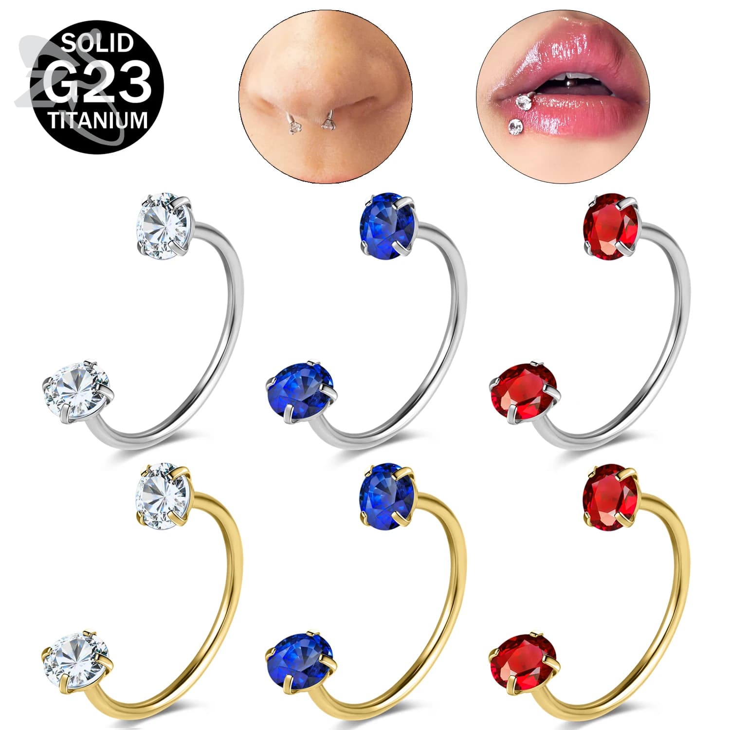 ZS 1 Piece 20G G23 Titanium Steel Horseshoe Nose RingWomen Men Colored CZ Crystal Nose Piercing Ear Helix Tragus Lip Piercings