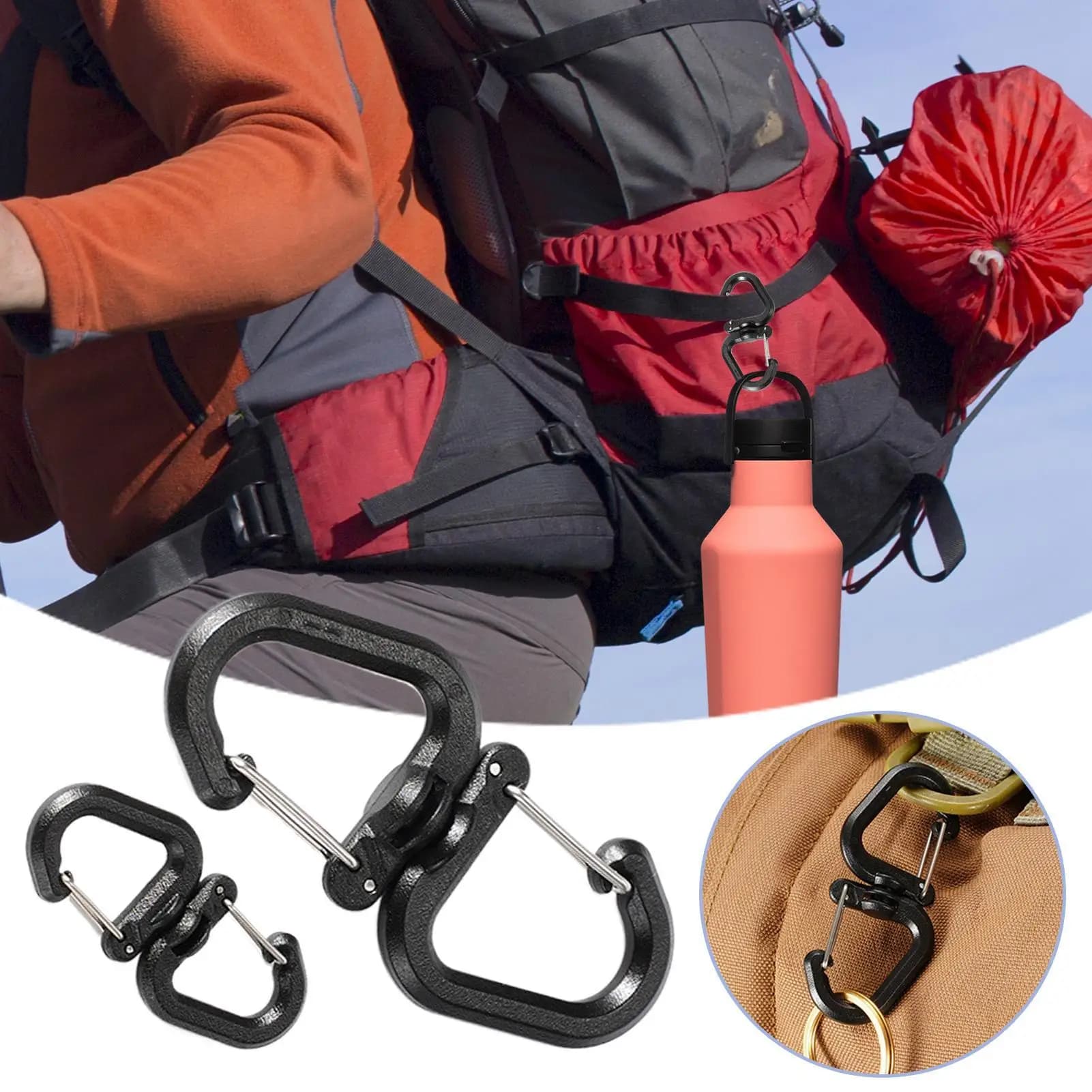 Clip per Corda di Sicurezza, Doppio Moschettone Portatile, Gancio a S Rotante a 360°, Gancio per Zaino, Accessorio Multifunzionale per Campeggio all'Aperto