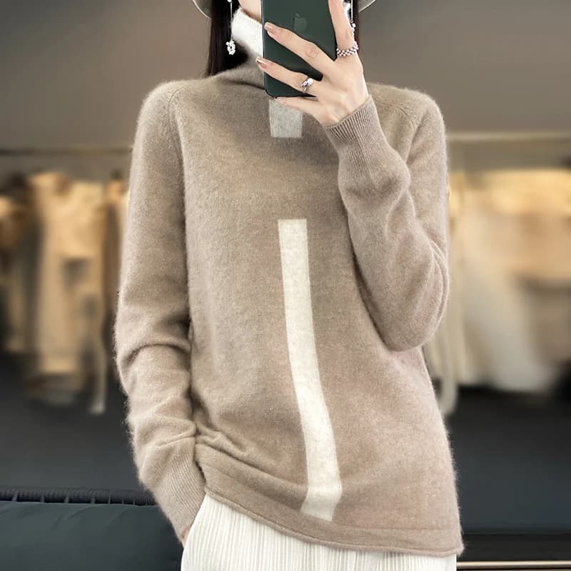 RONGYI 100% visone Cashmere Pullover dolcevita da donna lavorato a maglia abbinato al colore moda Casual cappotto autunno e inverno Hot Top