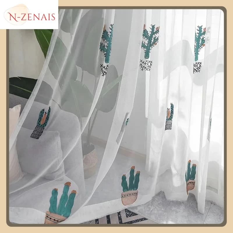 Tende di cactus spot per soggiorno, sala da pranzo, camera da letto, succulente ricamato, balcone verde, tende fresche, grazia, tulle bianco