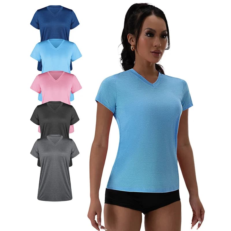 Camicie da yoga con scollo a V per donna Top sportivo tinta unita T-shirt da allenamento elastica sottile Corsa Esercizio Palestra Top Abbigliamento sportivo ampio