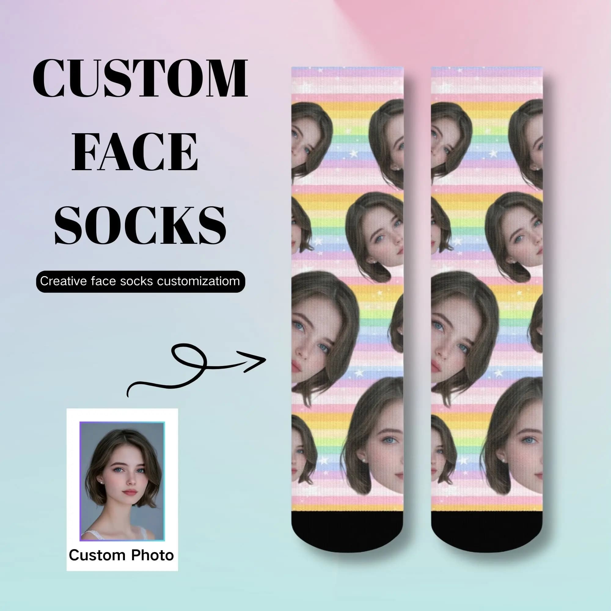 Custom Face Photo Socks Rainbow Pattern Crew Socks Personalized Novelty Gift Warm and comfortable for Women Friends Family