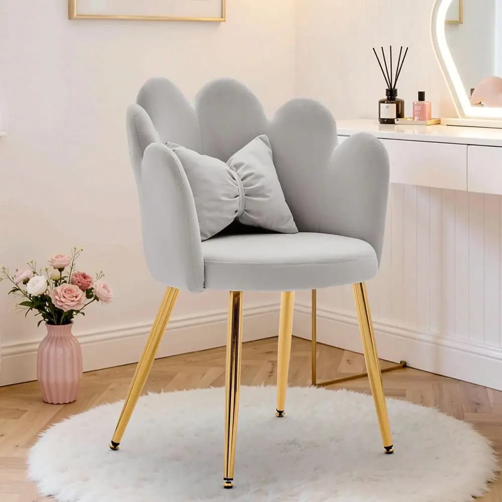 Sedia Vanity, sedia imbottita con schienale a forma di fiore e cuscino lombare, sedia da pranzo moderna con gambe in metallo dorato per soggiorno