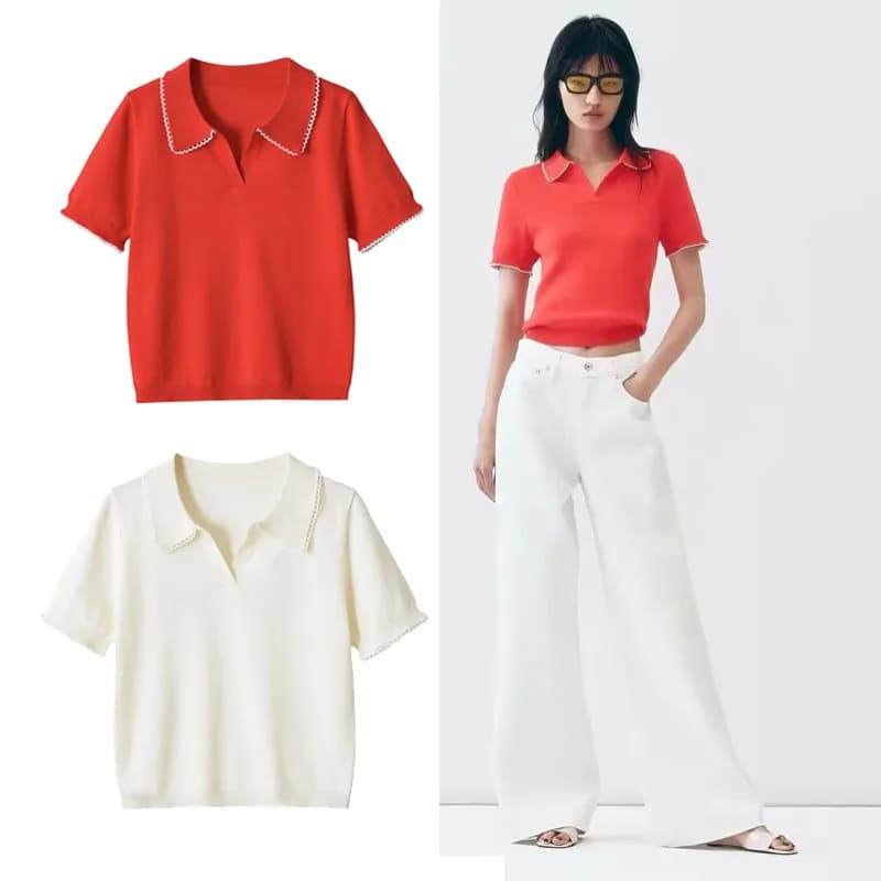 Fashionable Knitted Neck Women's Top with Lace And Color Block Design Polyester Fiber Short Sleeve Summer New Arrival