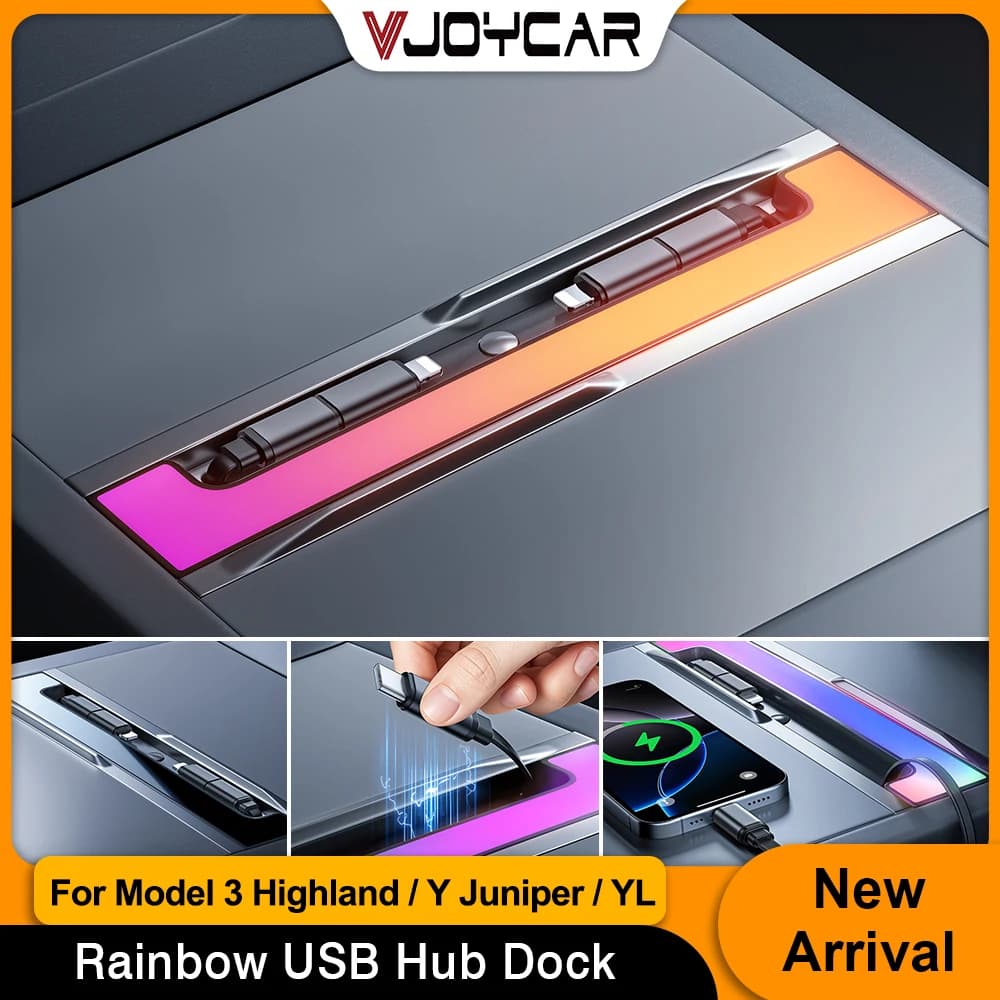 Vjoycar USB Hub Docking Station with Rainbow RGB Ambient Light for Tesla Model 3 Highland New Y Juniper 60W Fast Charging