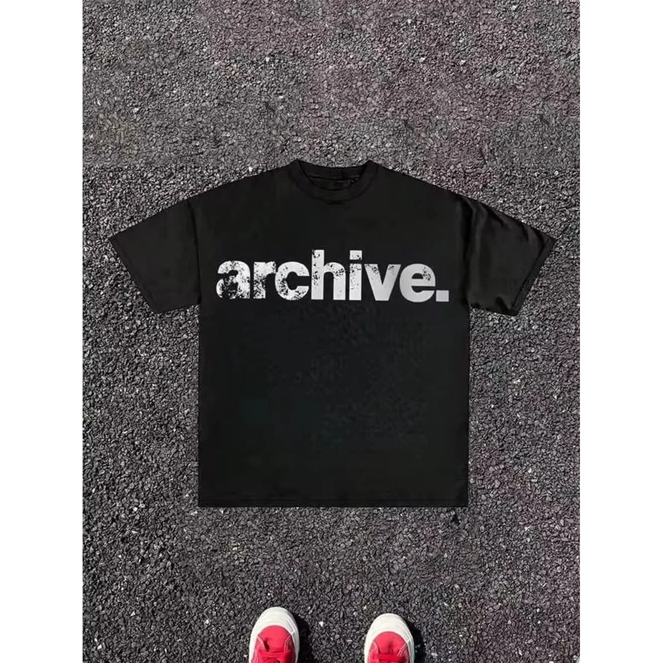 Graphic Print With "Archive" Text T Shirt,Comfortable Casual Short Sleeve, 220 Grams Heavyweight Cotton Printed T-Shirt