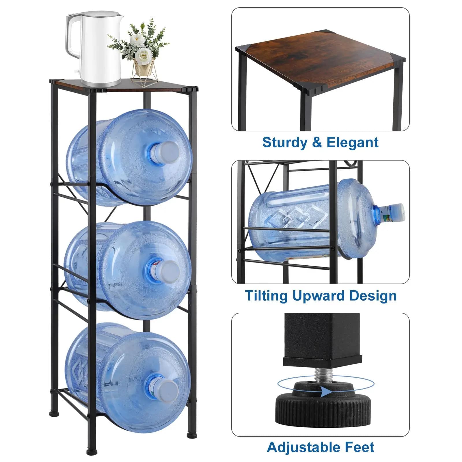 3-Tier 5 Gallon Water Bottle Storage Rack Heavy Duty Metal Jug Holder Stand with Wooden Top Space Saving Drinking Water Cooler Organizer Shelf for Home Office Kitchen Adjustable Feet Black