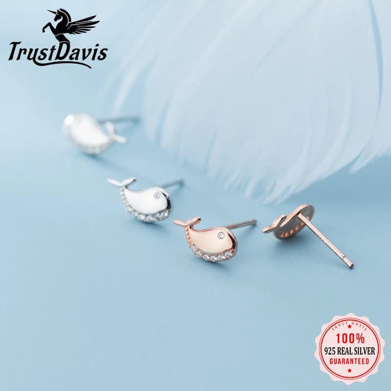 TrustDavis Reale 925 Sterling Silver Orecchino di Moda Animale Balena Orecchini con perno per Le Donne Figlia Regalo Di Compleanno Gioielli DZ1710