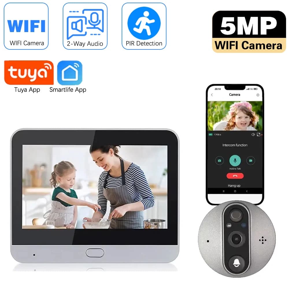 5MP Tuya SmartLife Pulsante Campanello 5000mAh Spioncino senza fili Porta Eye Camera Videocitofono Sicurezza domestica Baby monitor da 4,3 pollici
