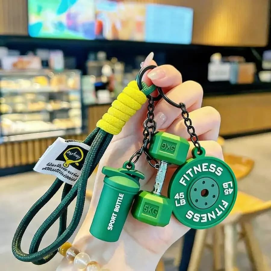 Fitness Keychain Set With Dumbbell Weight Plate Sport Bottle Charm Green Silicone Keychains For Adults