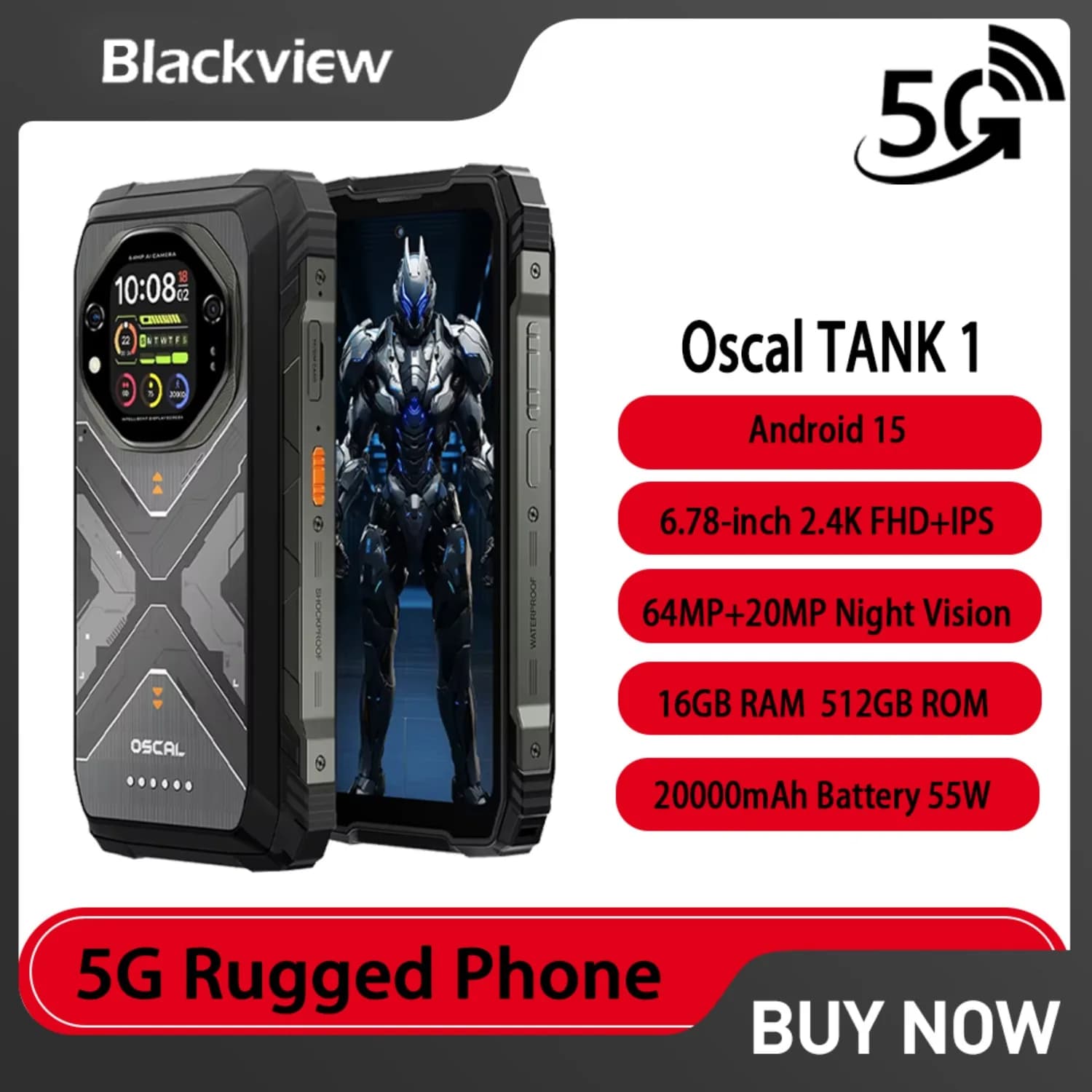 Blackview Oscal TANK 1 5G AI Telefono robusto IP68 e IP69K 6,78 “16GB RAM 512GB ROM 20000mAh 55W Ricarica rapida 64MP NFC Android 15