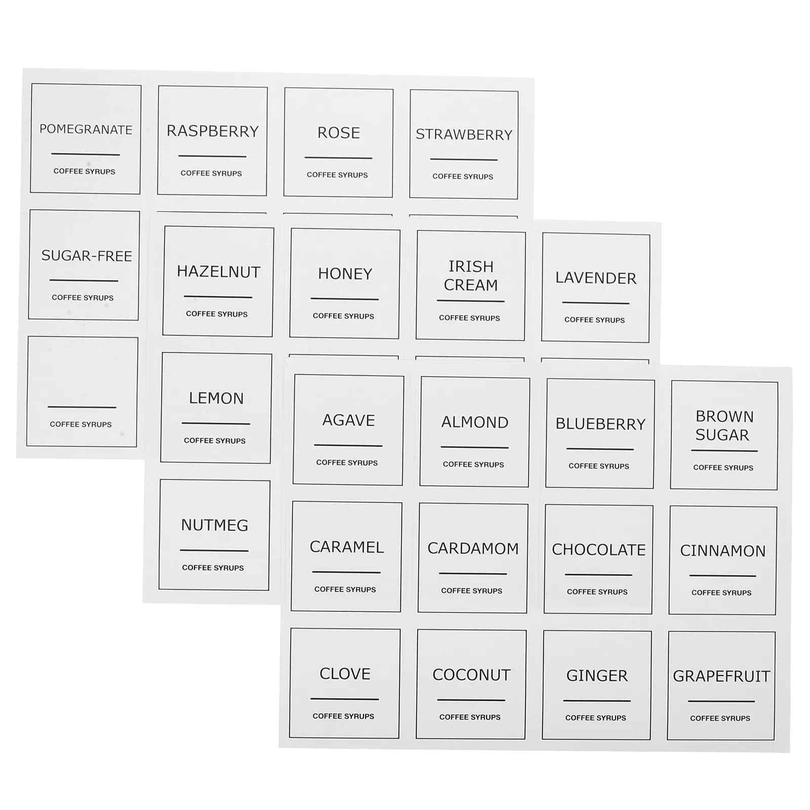 3Sheets Coffee Syrup Labels Waterproof PVC Minimalist Stickers for Coffee Syrup Bottles Jars Food Containers Kitchen Labeling