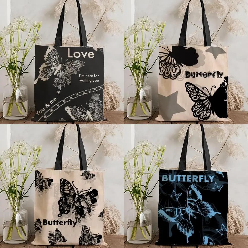 Butterfly Art Design Storage Bags Double-Sided Printed Canvas Tote Bag Eco-Friendly Reusable Large Capacity Handbag