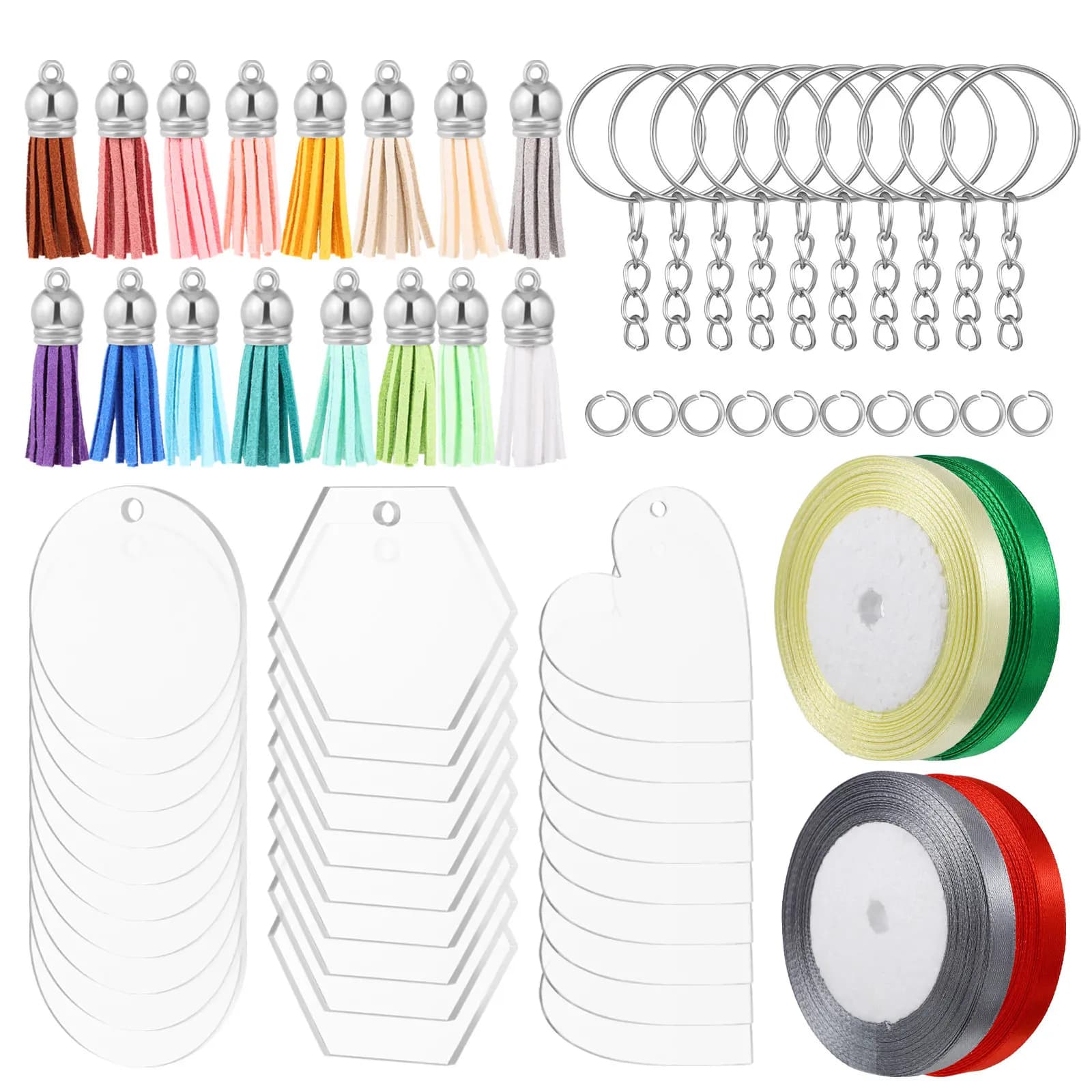 1Set Tassel Keychain Craft Kit Includes Acrylic Blanks Key Rings with Chain Jump Rings Decorative Ribbons for Homemade Gifts DIY