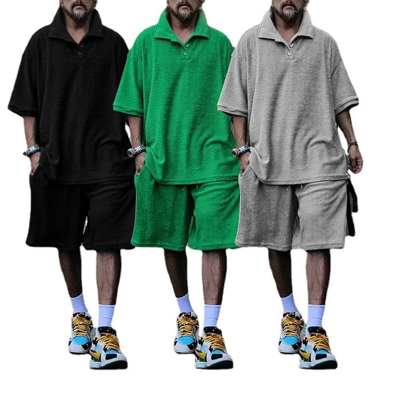 Men's T-shirt Polo Shirt Sports Suit Men's Summer Towel Loose Short-sleeved Shorts T Two-piece Set