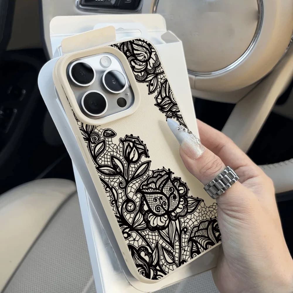 Black Lace Accents Phone Case Soft For iPhone 17 16 Pro Max 16 15 13 12 11 14 12 Pro Max Air Silicone Cover Funda Skin Texture