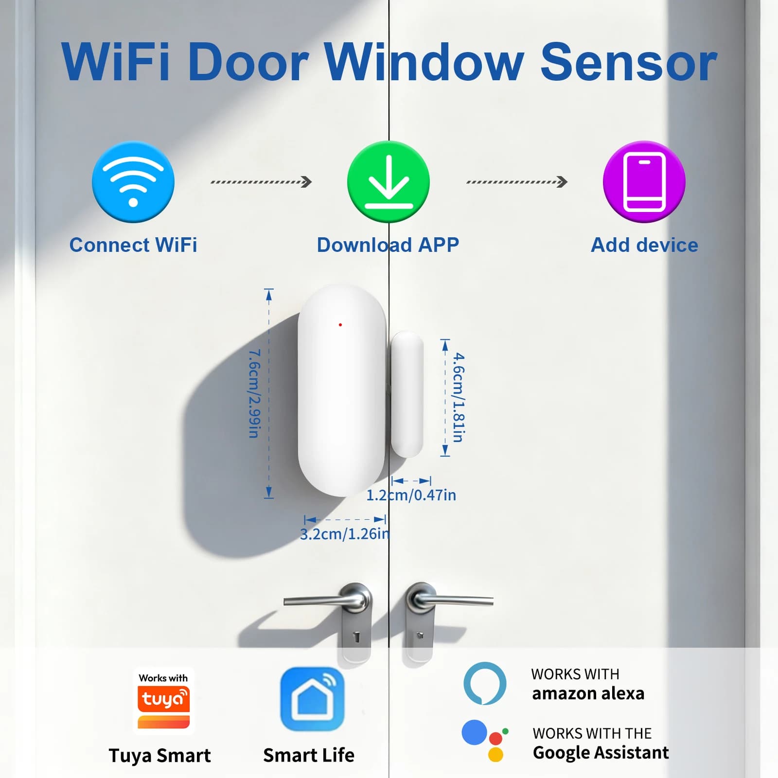 Sensore per porte WiFi Tuya compatibile con Amazon Alexa/Google Assistant, sensore wireless per allarme domestico e protezione della sicurezza.