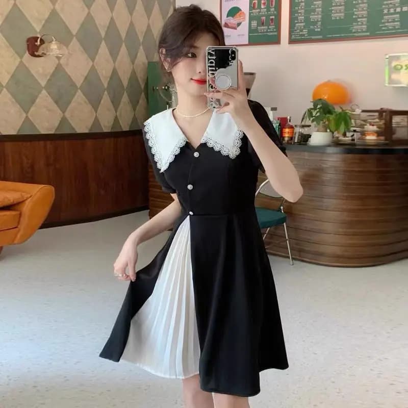 Black White Splicing Integrated Dresses for Chic Elegant Ladies Women's Summer Dress 2025 Clothing Midi Lace Tulle Satin Casual