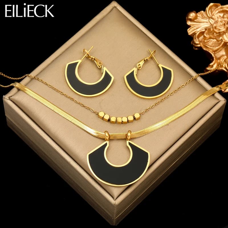 EILIECK 316L Stainless Steel Black Geometric Necklace Earrings Trendy For Women New Party Gift Luxury Waterproof Jewelry Set