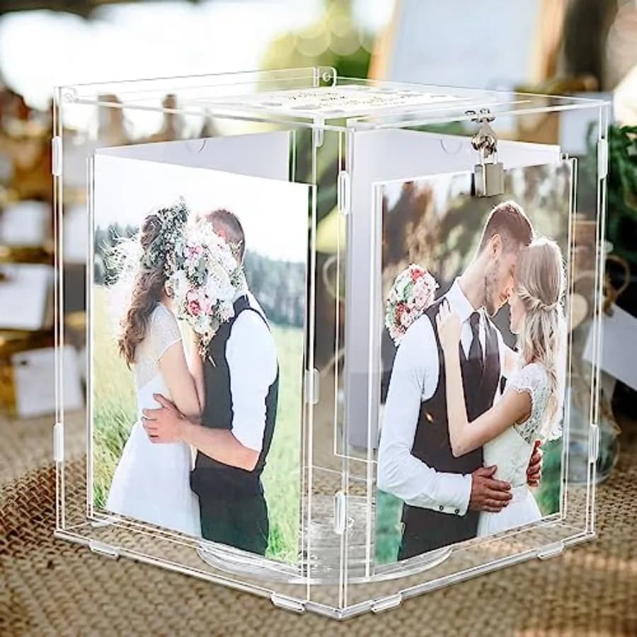 Acrylic Wedding Card Box with Picture Frame for 8x10 Photos, Large Rotatable Envelope Post Money Gift Box Holder with Lock Slot