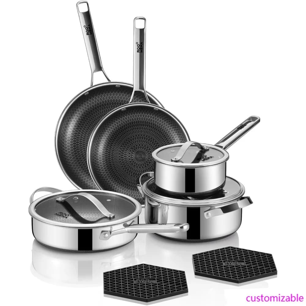 Set of 10-piece hybrid non-stick pans in stainless steel with pan, dishwasher safe and oven, without PFOA