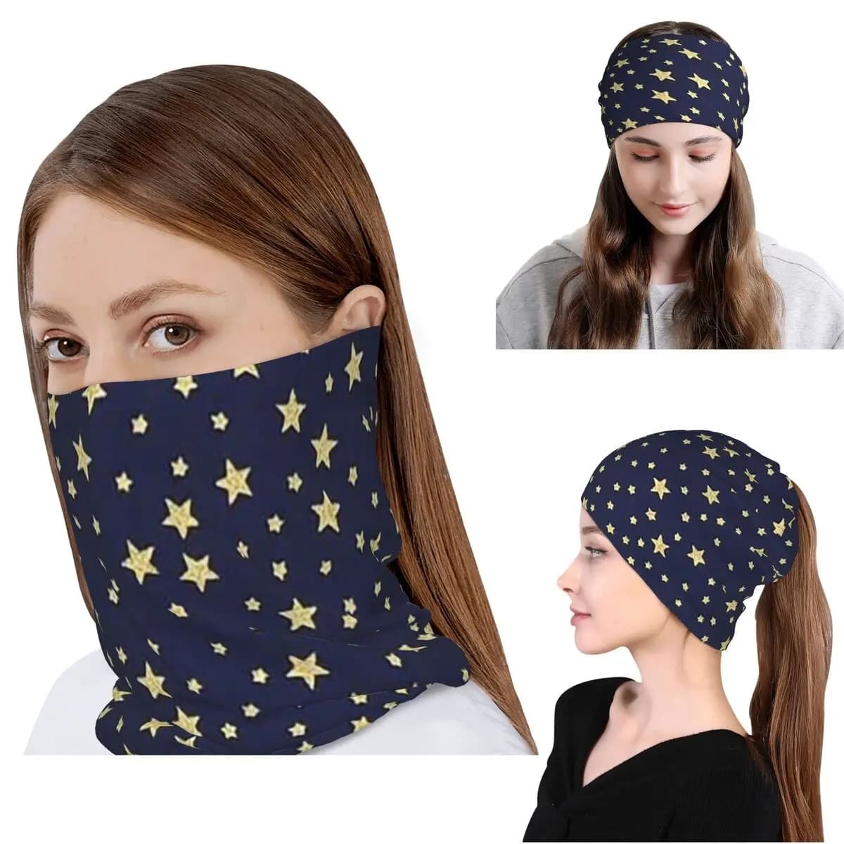 Navy Blue Sky And Stars Print Bandana Neck Gaiter Wrap Scarf Multifunction Balaclava Beanies Hat for Men Women Adult Winter